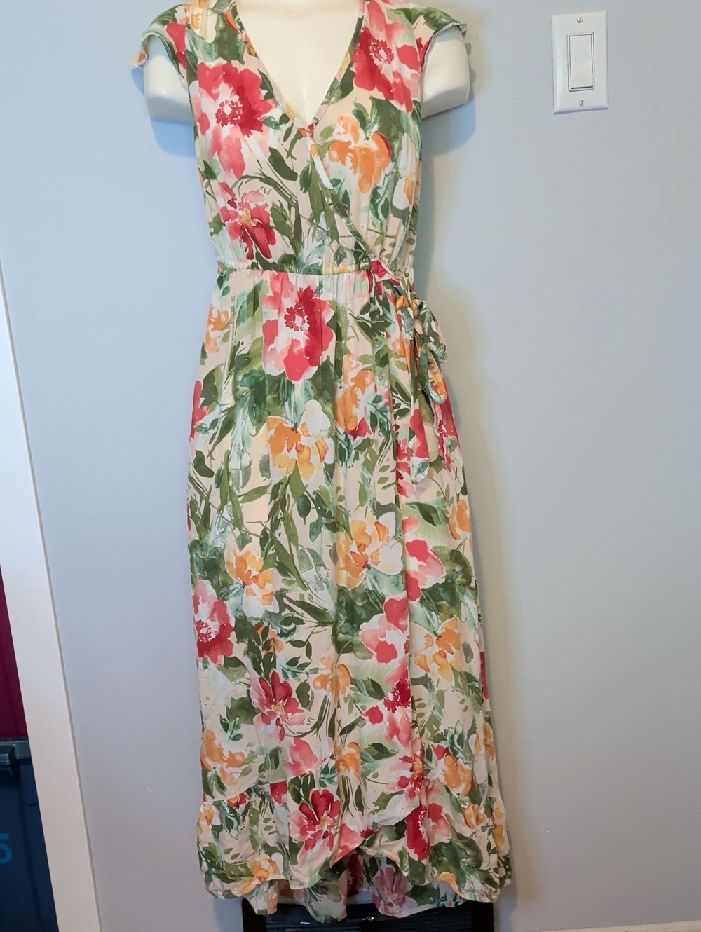 Band Of The Free Sleeveless Floral Faux Wrap Maxi Dress in Cream, Coral & Green